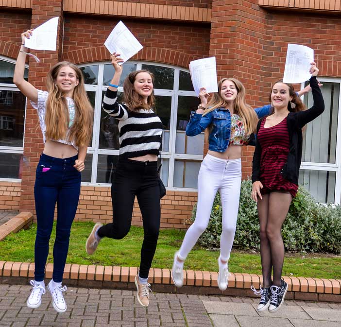 Jumping for joy at Lymm High School from left, Vicky Ramsbottom 9A* 2A, Alix Tavernier 10A* 1A, Adele Gregory 7A* 1A and Kyra Baird 9A* 1A 1 distinction.