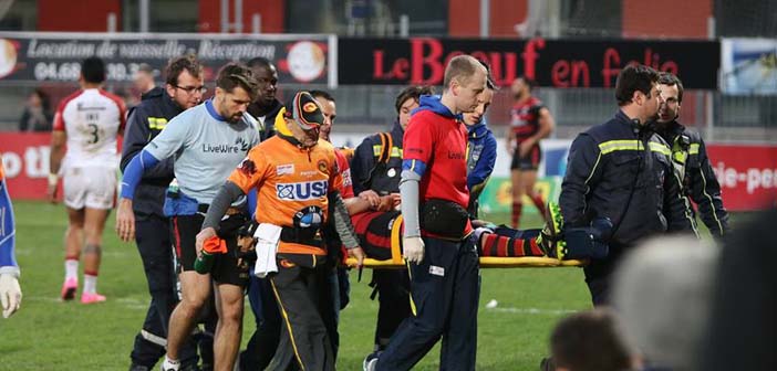 Dodds being stretchered off at Catalans