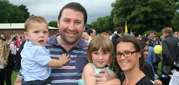 Joshua Oates, enjoys his first walking day with dad Carl, sister Harriet and mum Rachael