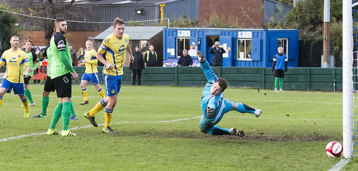 The ball comes back off the post for Warrington's goal - Picture John Hopkins