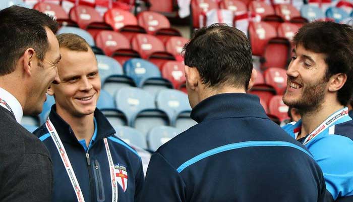 Brown sharing a joke with Stefan Ratchford on England duty