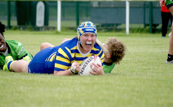 Shannon Stevens celebrating her try
